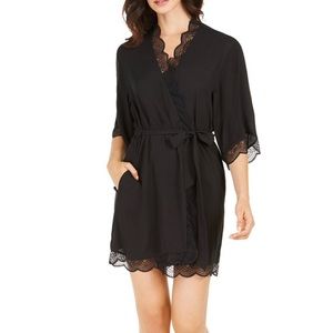 INC International Concepts Black Lace Trim Short Robe - NWOT